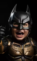 a boy in a costume of batgirl from batman is looking at the camera