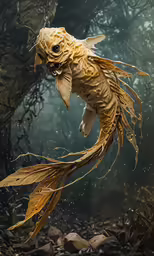 a dead fish is floating in the water near rocks