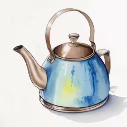 a kettle that has a blue and yellow design on it