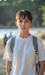 a man in a backpack looks at the camera