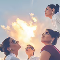 a bunch of people looking up at something in the sky