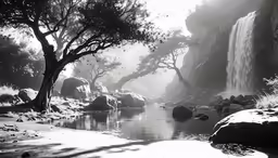 a black and white image of a misty waterfall and trees