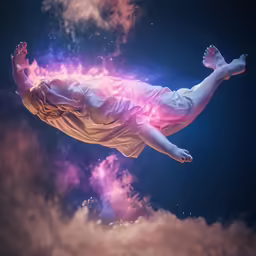 a man floating through the air under a purple sky