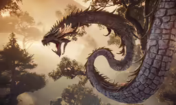 the dragon is sitting in the trees next to the water