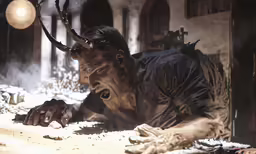 a man in a demonic suit looking down