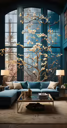 a living room with blue walls and a large tree