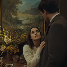 the girl with dark hair is standing with a man as they stare at a flower arrangement