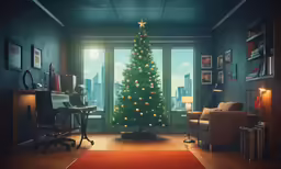the christmas tree is in a large room with big windows