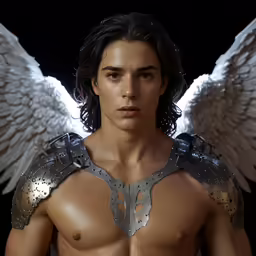 a man in leather and angel wings with a shirt on