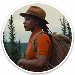 the woman wearing an orange top has a brown hat