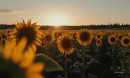 a field with large yellow sunflowers in the distance