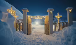 a snowy gate and pathway lit up by lanterns
