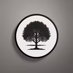 a white circle with a black tree drawn on it,a clock with a tree on it is hanging from the wall