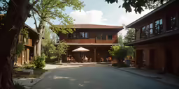 the building has patios and tables on both sides