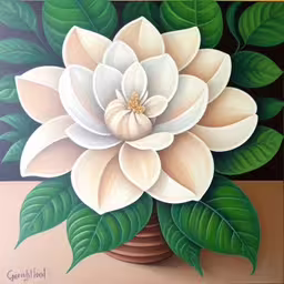 a painting of a flower with leaves painted on the side,this painting shows a large flower that is in a vase