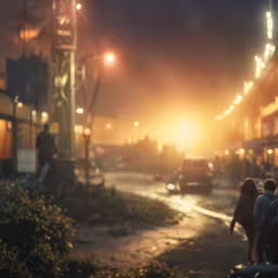 people are walking along a street at night