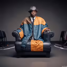 the man is sitting on the chair, wearing his hat and wearing a jacket