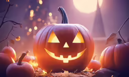 two pumpkins with faces cut out of them, sitting on leaves