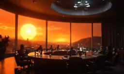 a large dining room is shown at sunset