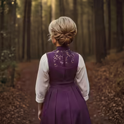 a woman wearing a purple dress walks down a path in the forest