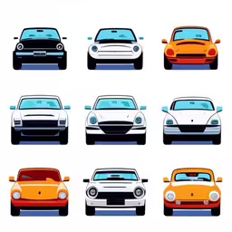 different colored cars in a row on the street,a set of six cars in different colors,a series of nine colorized retro cars,many different colored cars are in a circle,different cars are shown in various styles and sizes