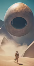a man is walking through the desert with an object in the background