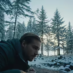 a man stands in a forest and holds his hand over the ground