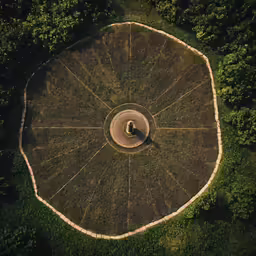 a circular shaped area with grass surrounding and a stone pathway on the top