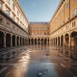 an empty courtyard between several building with no one on it