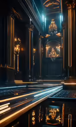 an elaborate, gilded room with chandeliers and lights reflected in the wet floor
