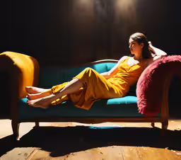 a woman in yellow is on a blue couch,a woman in yellow sits on a couch