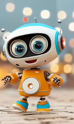 a little robot standing on top of a floor with a red light behind it