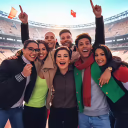 some people pose in front of an empty stadium