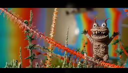 a monster statue standing on a stump with a mouth full of sharp teeth