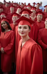 a group of women in red gowns standing together