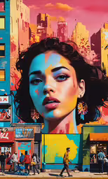 a beautiful woman standing in front of a colorful wall with people in the street,a woman is seen in front of a large building