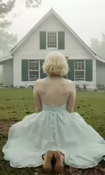 the back of a woman in a dress sitting on a field