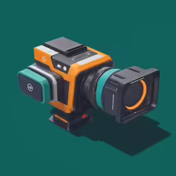 a camera lens sits on top of a green surface