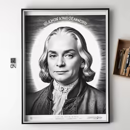 a black and white portrait of a woman in front of two different pictures of books and stamps