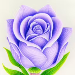 a drawing of a blue rose in pastel pencil,a drawing of a purple rose with green leaves,drawing of a purple rose with a green stem,a drawing of a flower is shown in pastel,a drawing of a purple rose with green leaves