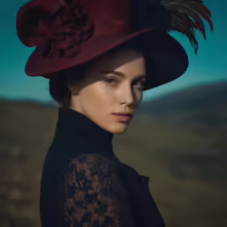 a woman wearing a black lace top and a red hat