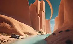 a van is driving next to some weird architecture