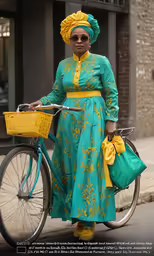 a woman in a turquoise dress poses with a bicycle