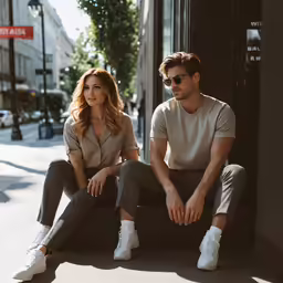 two people sitting outside on a building