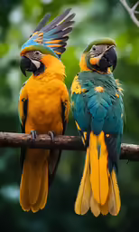 two colorful parrots perched on a branch of a tree
