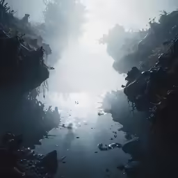 a narrow water way on a foggy day