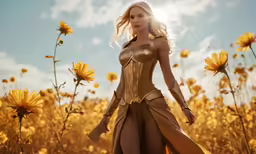 a woman standing in a field of flowers wearing a corset