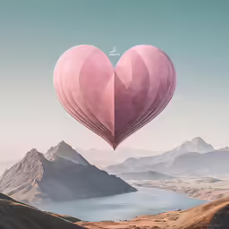 an over head view of a heart shaped hot air balloon flying over a lake with mountains