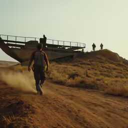 two people walk towards a truck and bridge