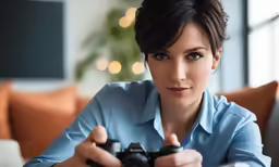 a woman sitting in front of a table playing with a remote